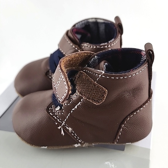 Robeez First Kicks Shoes Soft Brown Premium Leather Baby Navy Plaid Sz 0-3 Month - Picture 7 of 15